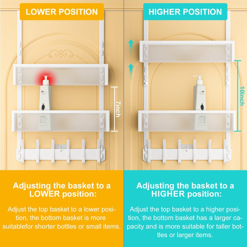 LUCYCAZ Adjustable Over The Door Hooks Organizer  Hanger Storage with 10 Coat Hooks & 2 Mesh Basket  Over The Door Towel Rack Organizer for Bathroom  Bedroom  Kitchen (White) - Image 3
